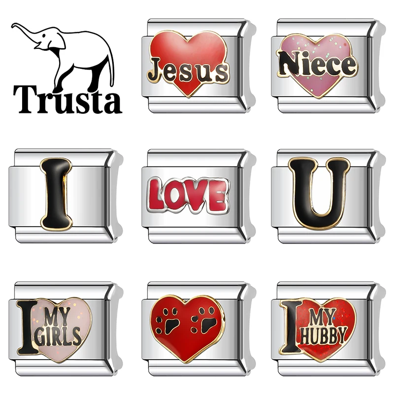 Trusta 2025 New Fashion Girl I Love U Charm Italian Links 9mm Bracelet Stainless Steel for Women DIY Jewelry  Wholesale N350