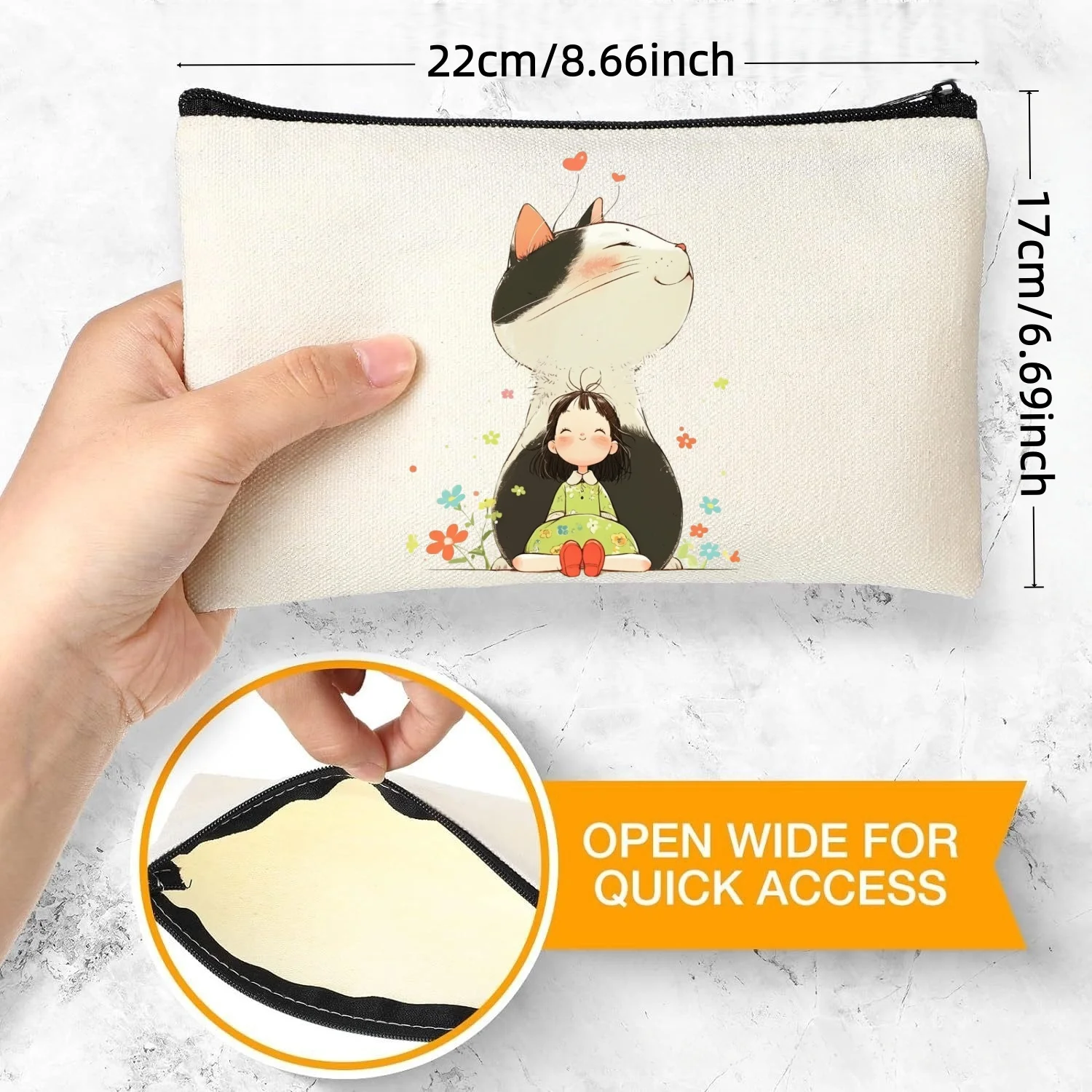 

1pc Cute Girl & Fluffy Cat Canvas Makeup Bag, Double Sided Cosmetic Pouch