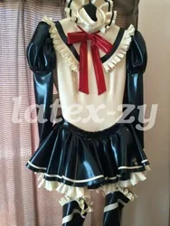 Latex Rubber Dress 2 Pieces Cosplay Ruffle Skirts Bow Maid Uniform 0.4mm S-XXL