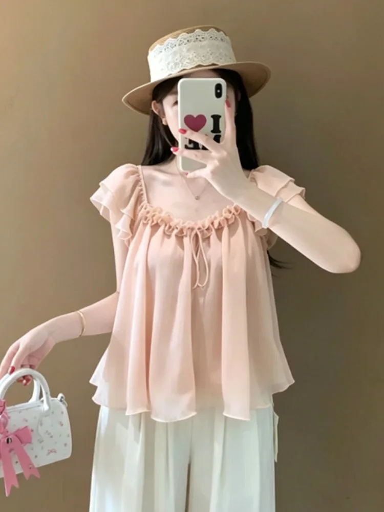

Sweet Elegant 3D Flower Lace Trim Shirt Women's Korean Fashion High-End Slimming Versatile Top Breathable Short Sleeve Citywa...