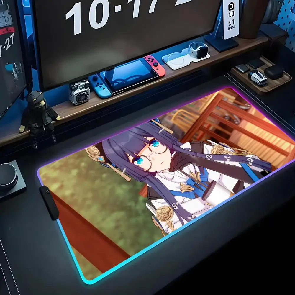 

Игровой коврик для мыши Pela Honkai Star RGB с LED-подсветкой, большой светящийся коврик для ПК, настольный коврик для клавиатуры, коврик для стола