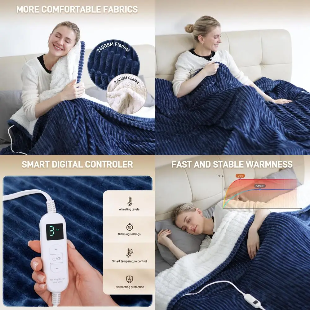

King Size 100x90 Electric Flannel Blanket with 10 Timers, 6 Heat Levels, Washable & Overheat Protection - Navy