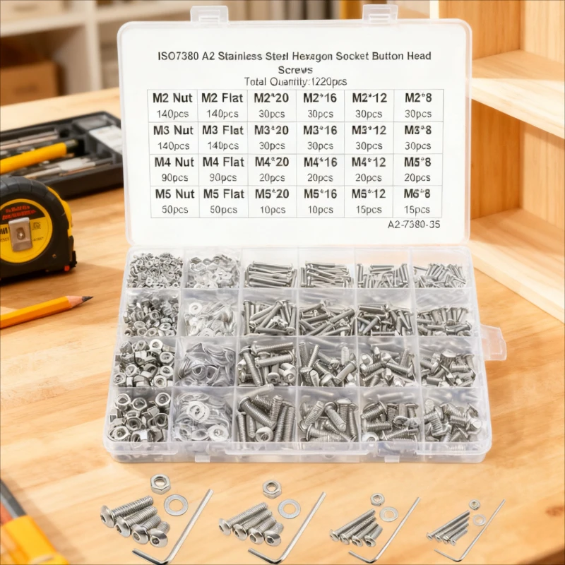 

1220Pcs screw set M2 M3 M4 M5,stainless steel Hexagon Hex Socket cap Button Head Screw Washer nut with wrench Kit for fpv drones