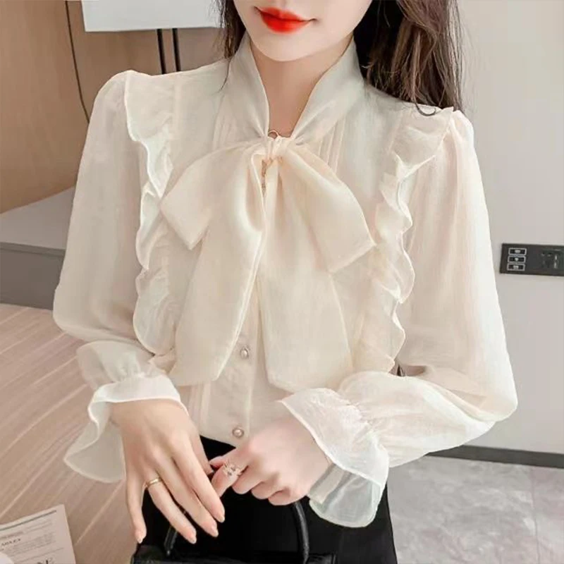 French Ruffled Edge Age Reducing Loose Chiffon Shirt for Women\'s Spring summer Sweet Temperament Bow Versatile Long Sleeved Top