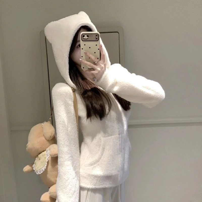 Cute Bear Ear Hooded Warm Plush Jacket for Women Autumn Winter Slim Fit Thick Outerwear Woman Casual Solid Zipper Sweatshirt