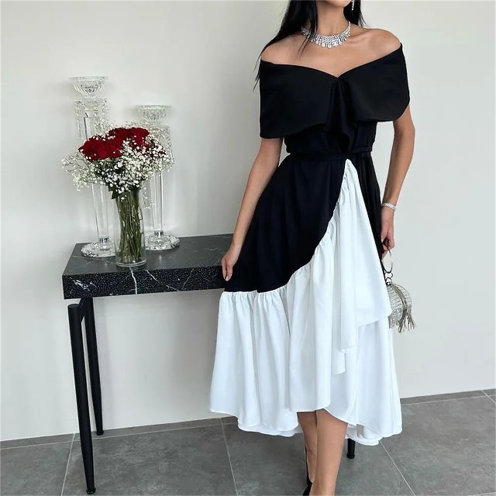 

Off the Shoulder Pleat Prom Gown High Slit Ruched A-line Evening Dresses Backless Tea Length Party Dress فساتين للحفلات الراقصة