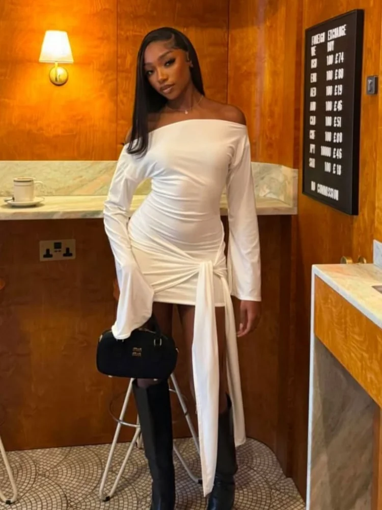 Solid Off Shoulder Bodycon Dress Women Fashion Waist Cinched Lace Up Slim Mini Skirt 2025 NEW Party Club Sexy Lady Dresses