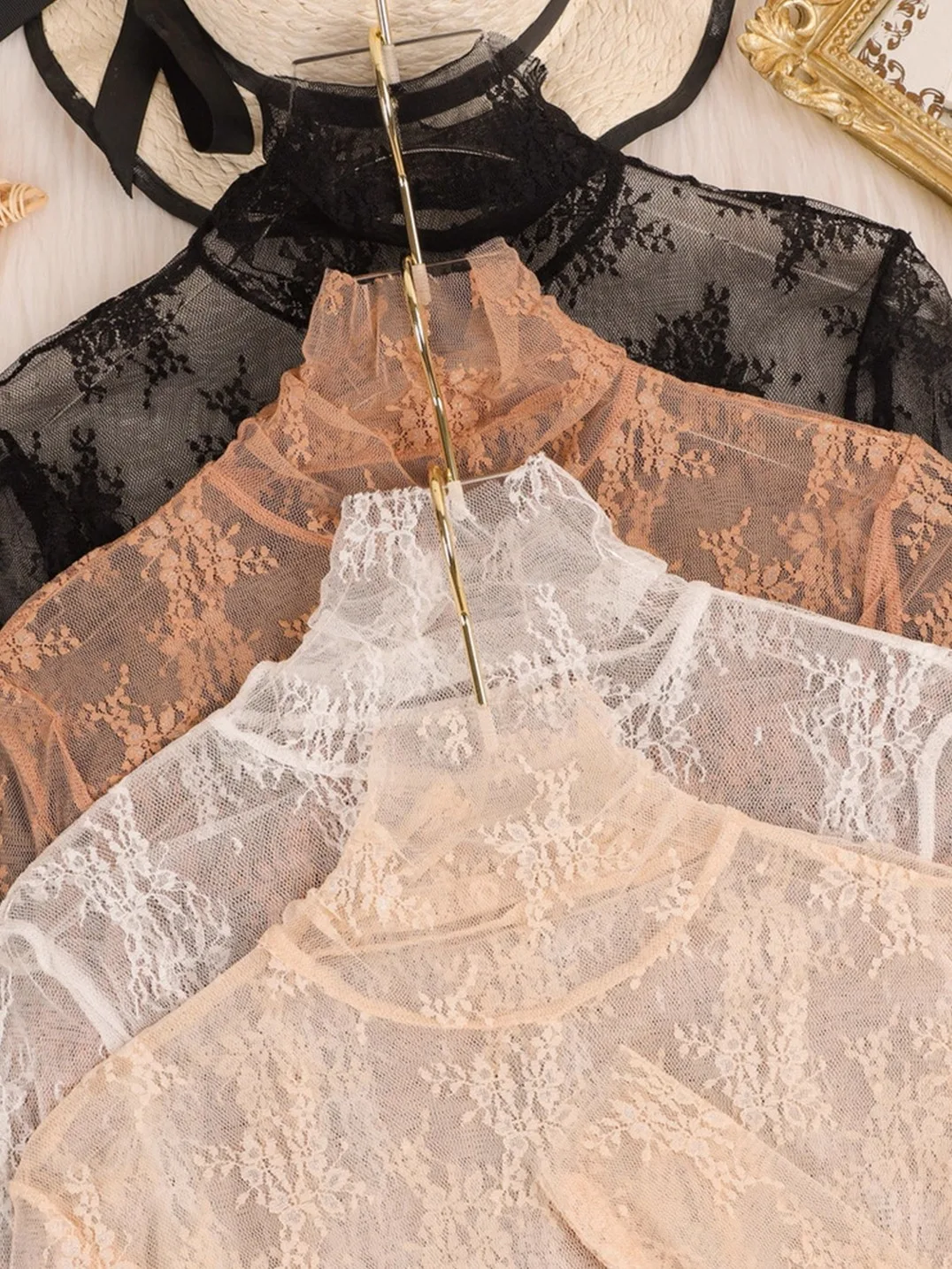 

Elegant High Collar Lace Base Shirt Women's Inner Wear Sweater Fashionable Cover up Mesh Top Early Autumn Thin High Collar Ne...