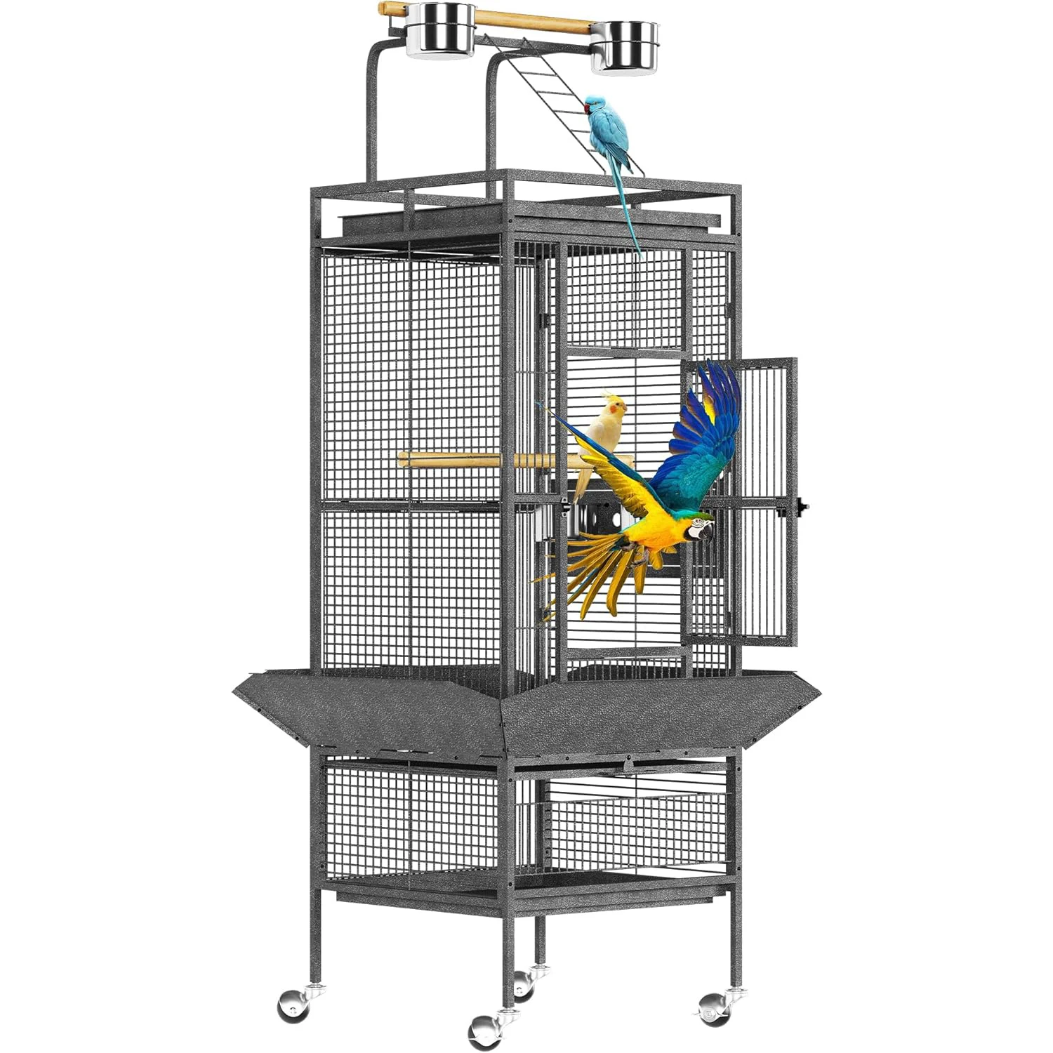 46x46x152.5CM Large Bird Cage with Play Top & Rolling Stand | Metal Parrot Cage with Feeding Bowls & Removable Tray for Macaws, Cockatoos, Conures, Exploding Silver Color