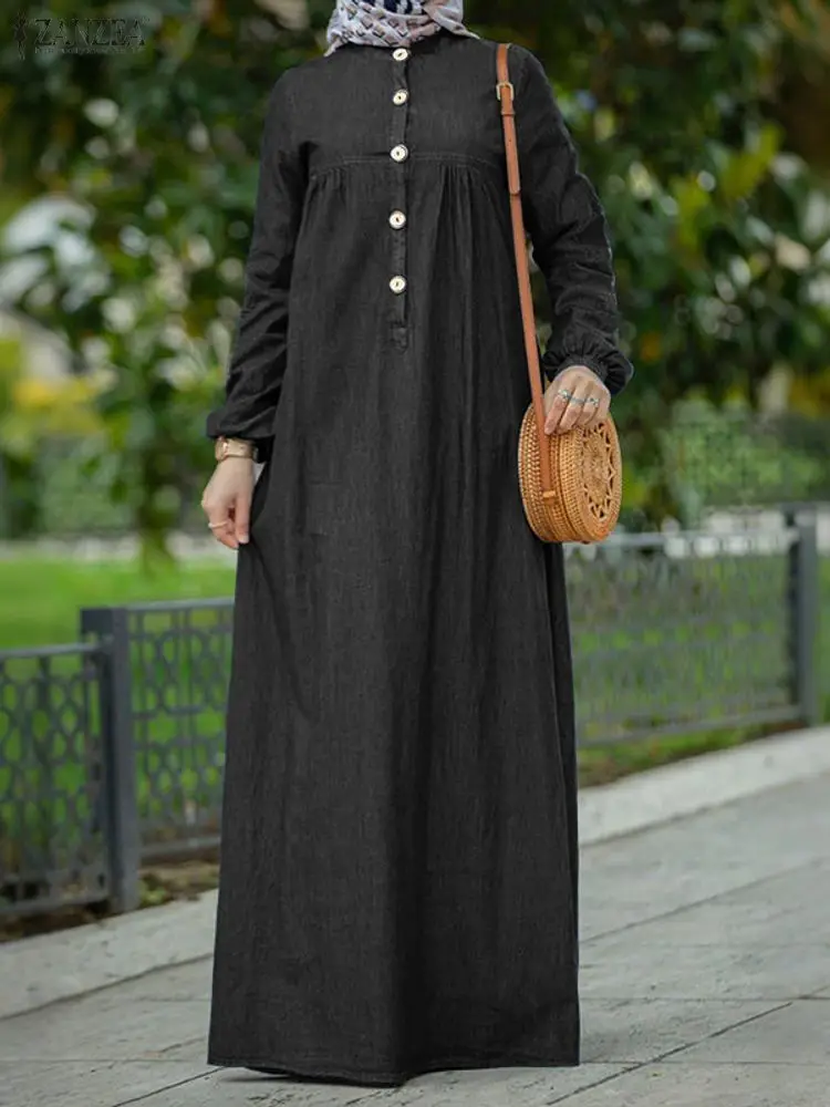 ZANZEA فساتين طويلة متواضعة تشبه الدنيم للنساء حجاب برقبة دائرية وأكمام واسعة نصف أزرار فستان ماكسي فضفاض لخريف 2025 ملابس نسائية #3