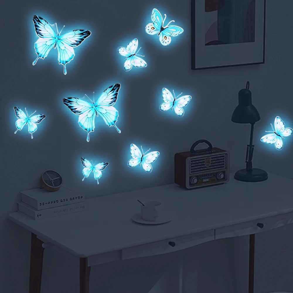 Blue Butterfly Luminous Wall Stickers DIY Butterflies Glow in The Dark Wall Decals Wallpaper for Bedroom Living Room Home Decor