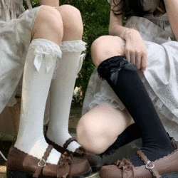 Lolita Girls Sweet Long Socks Stockings JK Japanese Style Lace Bow Knee Socks Stockings Women Solid Black White Knee High Socks