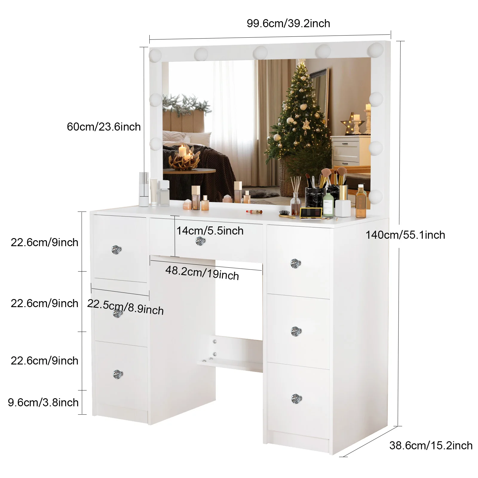 زينة خشبية مستوحاة من الطراز العتيق مع مرآة مضاءة - 3 أوضاع إضاءة وأدراج وأرفف واسعة