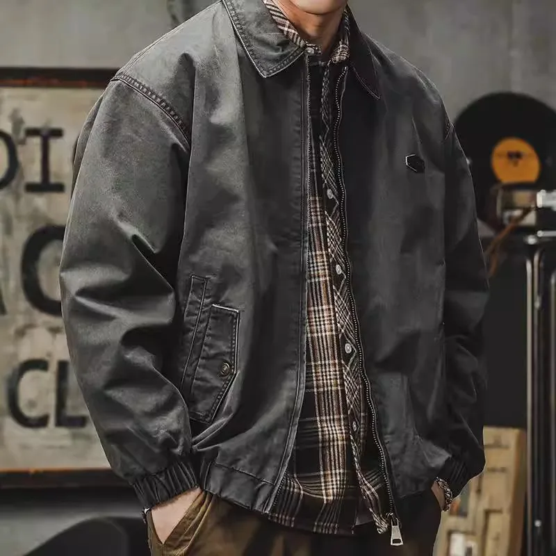 

American Vintage Distressed Jacket Men's Workwear Loose Flight Bomber Jacket Spring Autumn Retro Washed Cargo Jackets Outwear