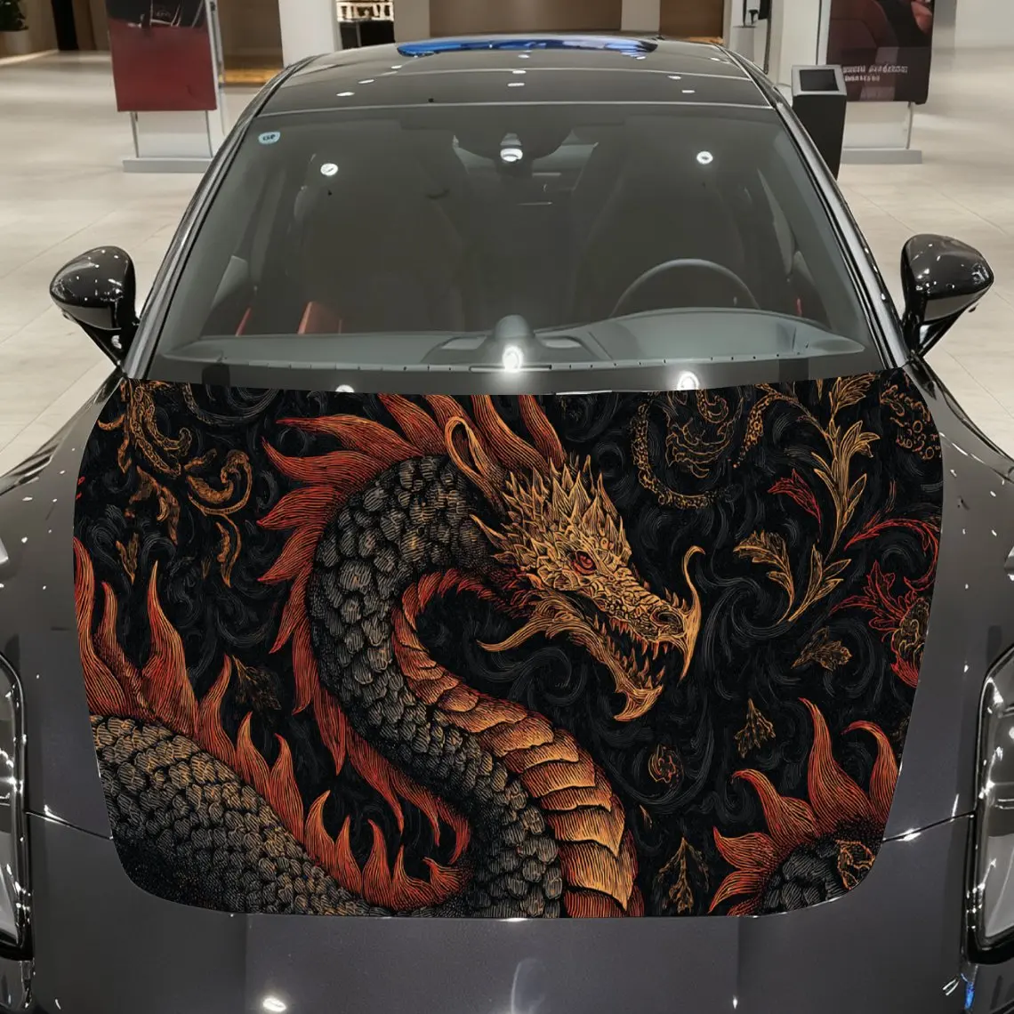 

Red and Black Embroidered Dragon Pattern Car Hood Vinyl Stickers Car Surface Protection Decal Car Decoration Cover Vinyl Wraps W