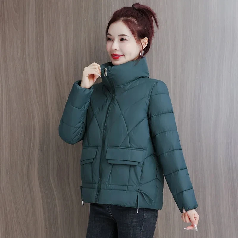 2023 Autumn and Winter Parka New Korean Standing Collar Down Cotton Coat Versatile Fashion Ladies Short Sustans Coat Pocket LJA