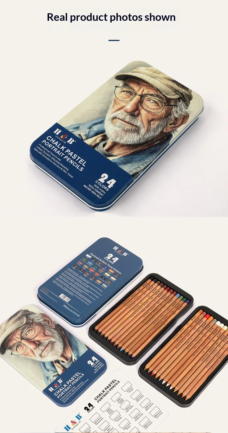 H&B 24-Farben Kreide-Pastell-Porträtstifte Wasserlösliches Hautfarben-Set 4mm Kerne Reichhaltige Pigmente für professionelle Künstler und Illustratoren – Detail 7