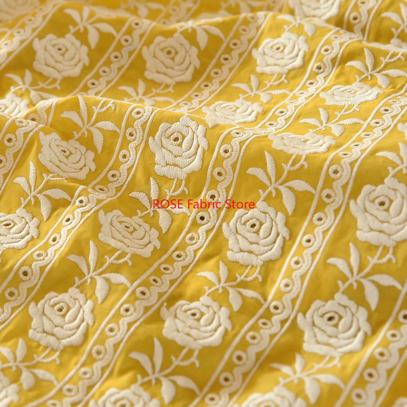 

French Cotton Yellow Rose Heavy Embroidery Handmade DIY Clothing Fabric For Wedding Dress Clothing Designer Fabric