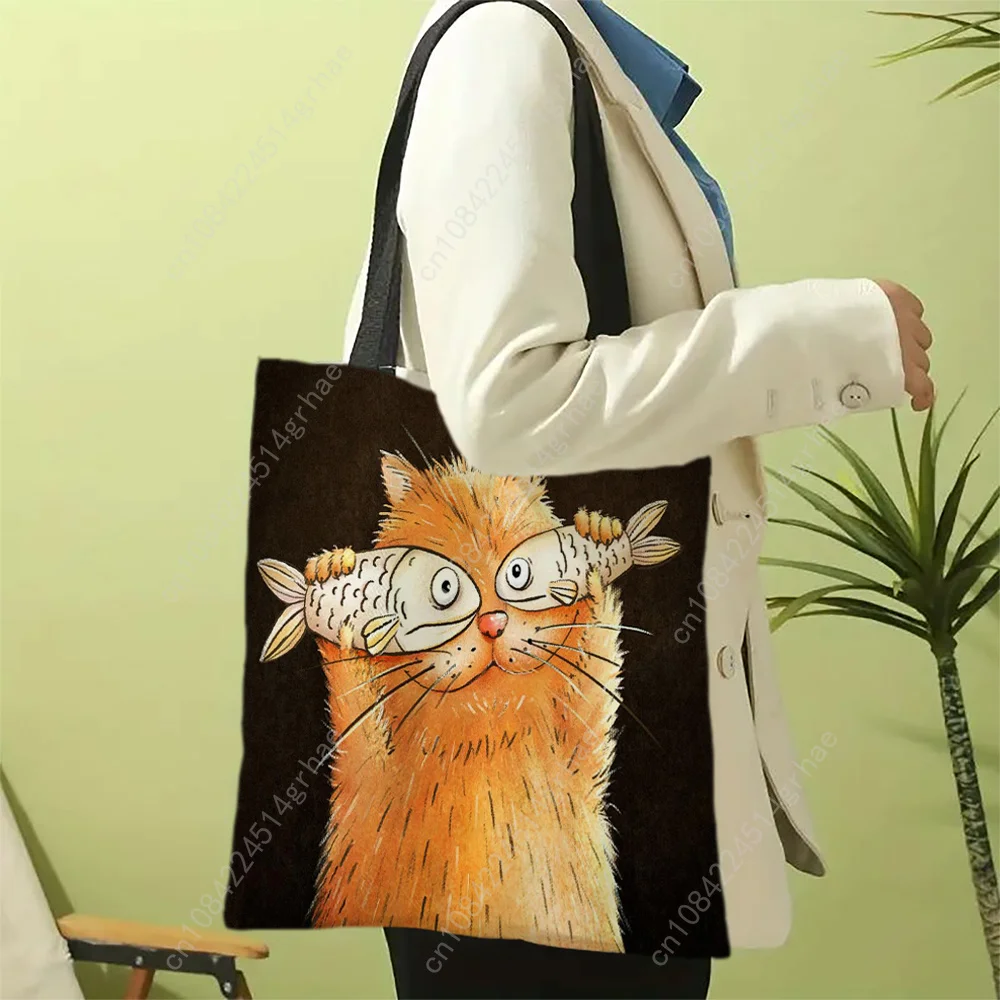 1 Buah Tas Tote Kucing Kartun Unik Tas Belanja Ikan Kartun untuk Hadiah Wanita Tas Belanja Dapat Digunakan Kembali Ramah Lingkungan Tas Luar Ruangan
