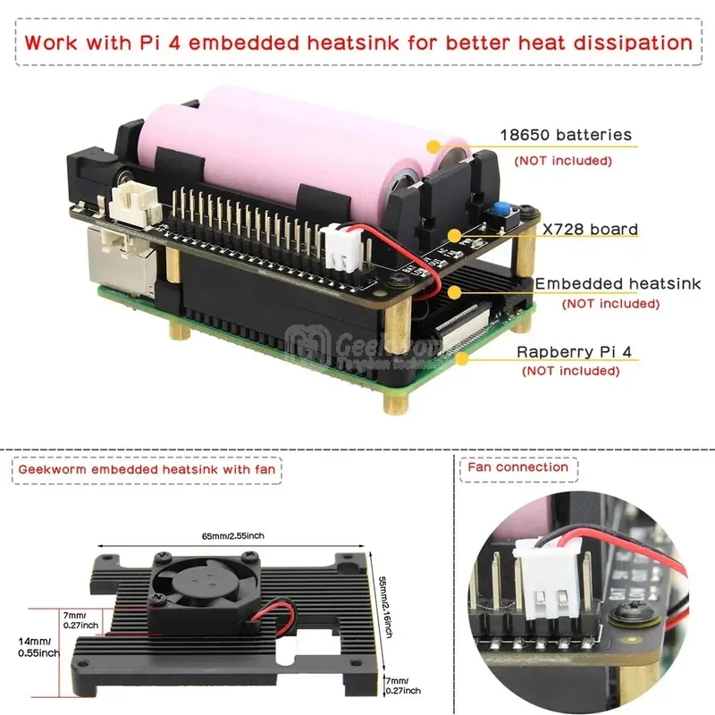 Glow Pi UPS HAT, X728 V2.5 Power Mangement Board Or Raspberry Pi 5 /4B/3B+/3B