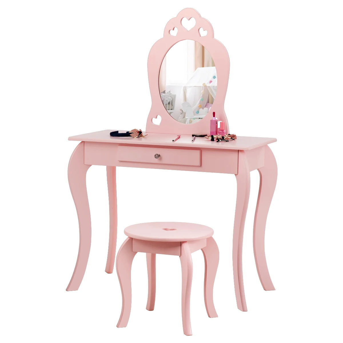 Kids Vanity Set Princess Makeup Dressing Play Table Set W/Mirror for Girls Pink