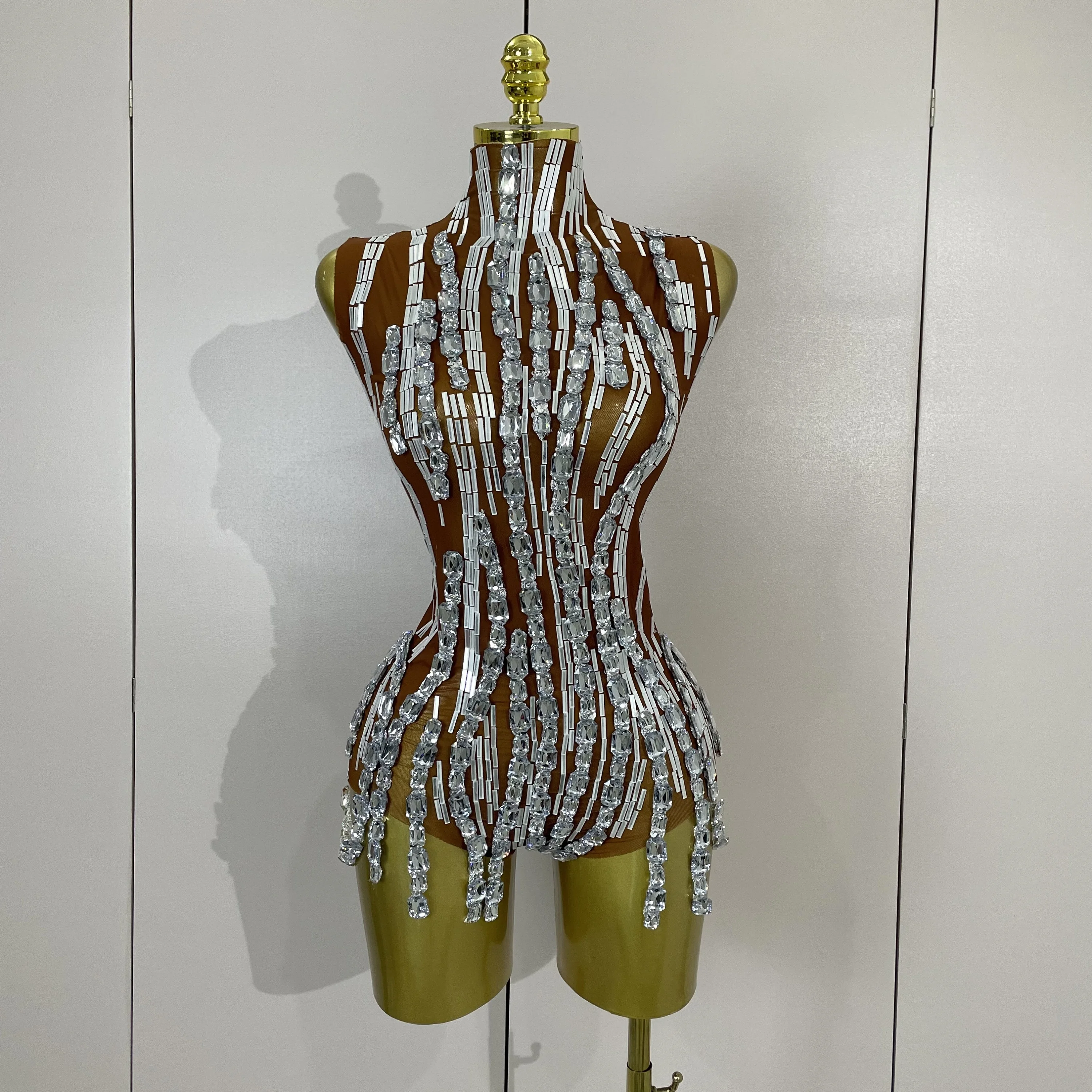 

2026 Sparkly Diamonds Chain Sexy Transparent Sleeveless Bodysuit Women Party Nightclub Team Performance Costume Show Stage Wear