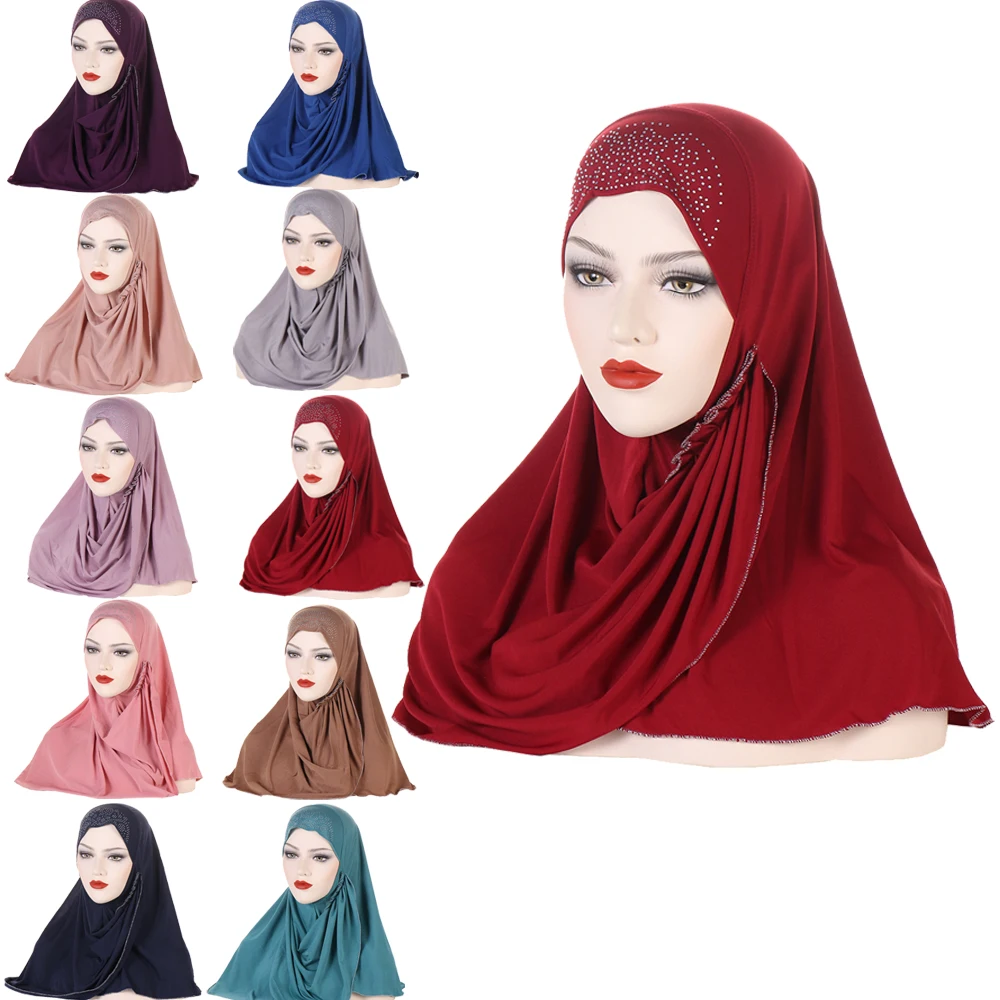 Women Muslim Rhinestone Instant Hijab High Quality Turban Islamic One Piece Amira Shawl Prayer Khimar Burqa Femme Headwrap Scarf