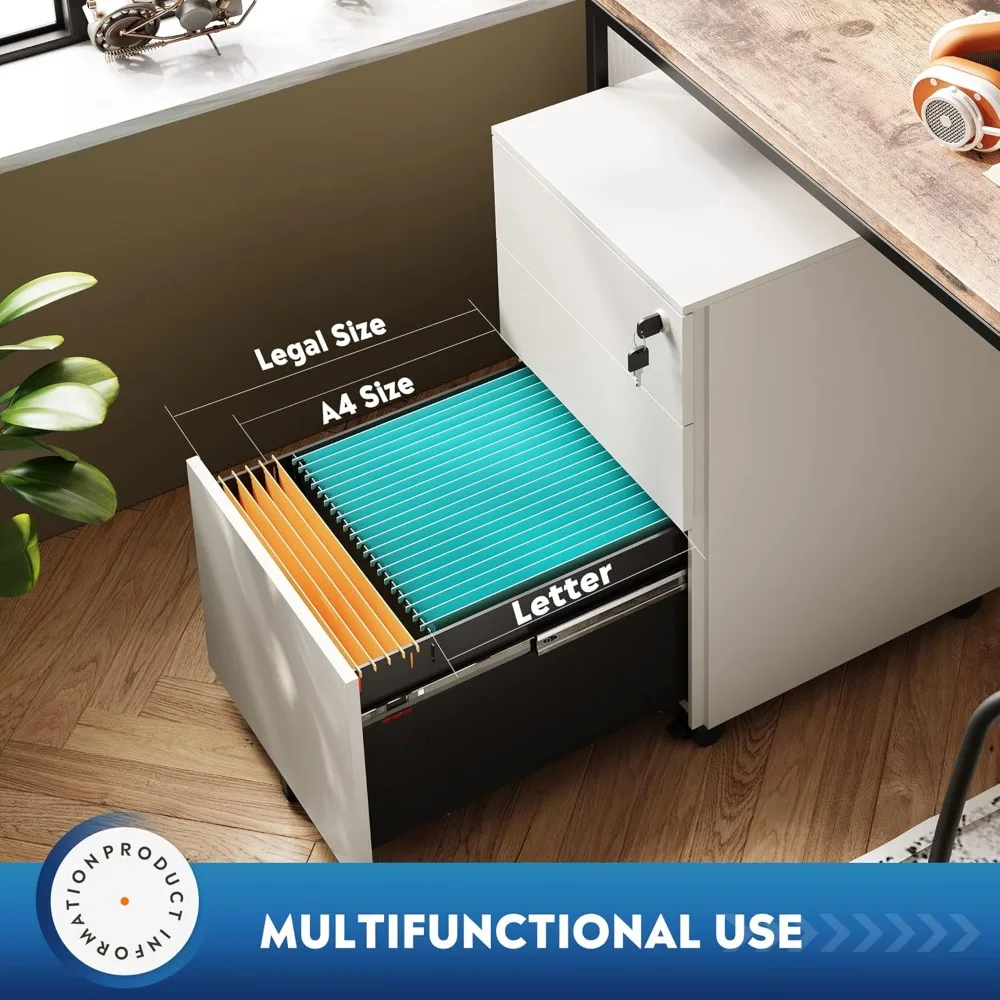 Under Desk 3-Drawer Metal File Cabinet for Legal/Letter/A4 Files, Lockable Storage with Wheels Not Included