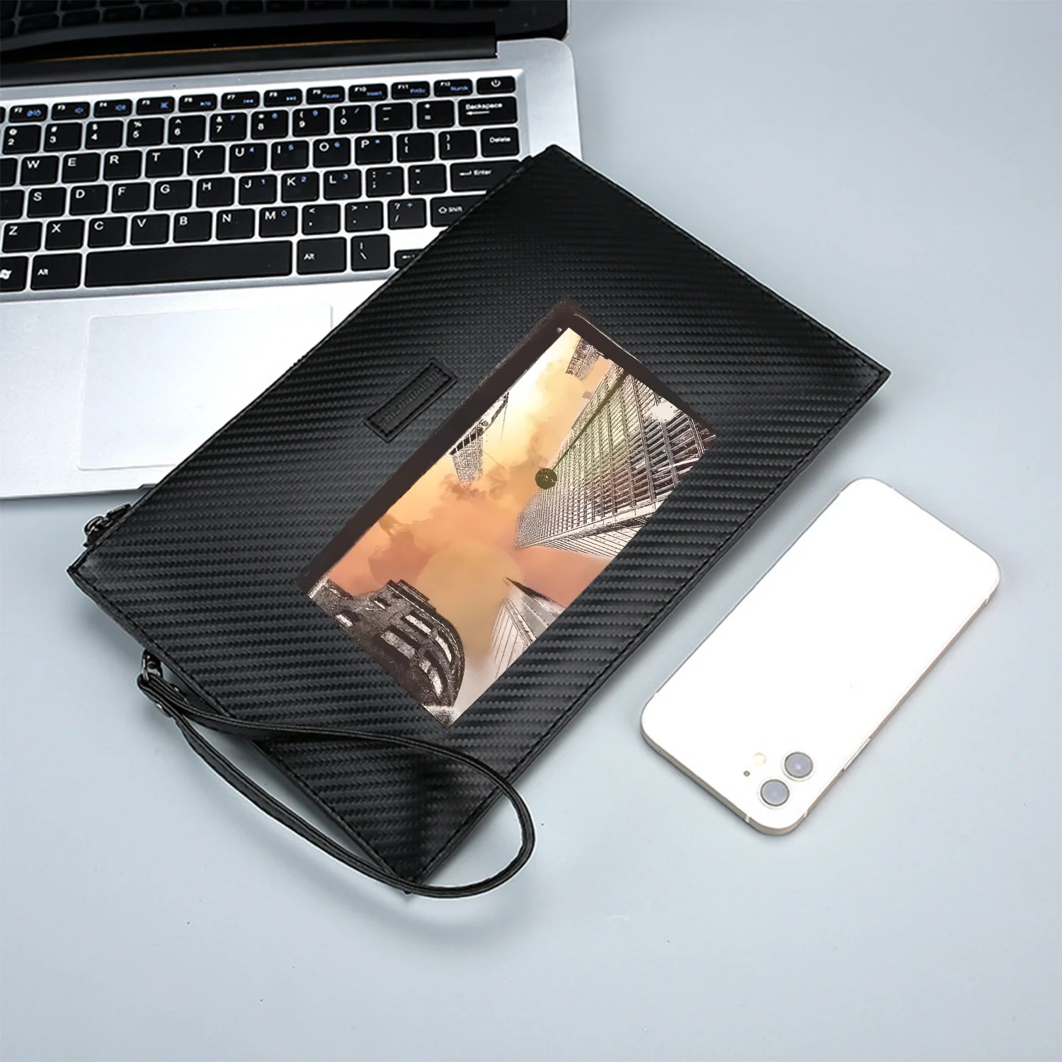 هياكل البناء الغيوم عرض السماء مجردة أنيقة مطبوعة حقيبة يد رجالية من البولي يوريثان عصرية وعملية للحمل اليومي #3