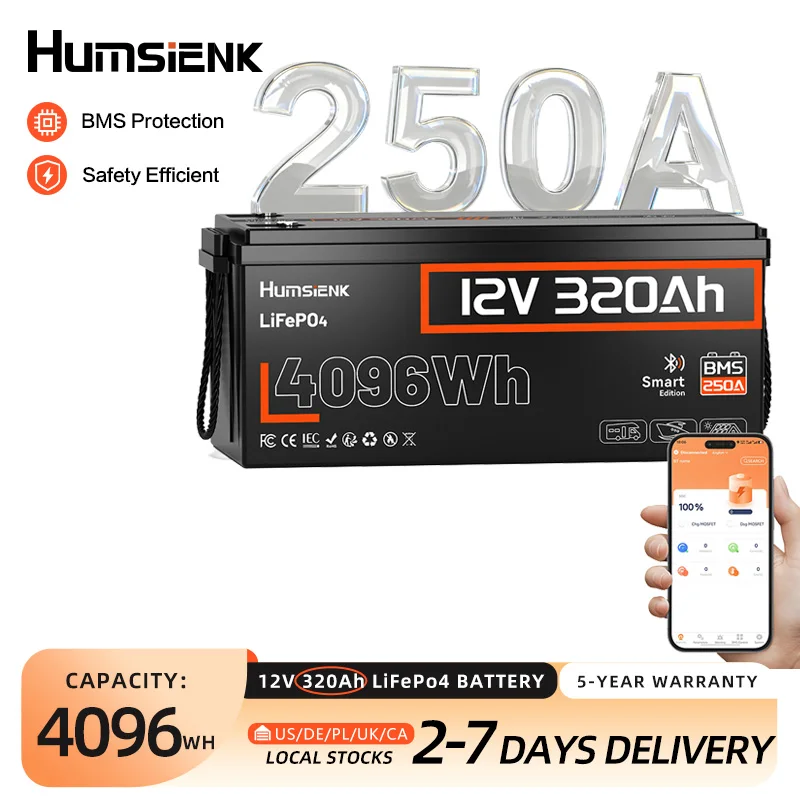 Humsienk 12V 320Ah LiFePO4 Battery 250A BMS With Bluetooth Rechargeable Lithium Battery For RV/Golf Cart/Camp MAX 65.5KWh