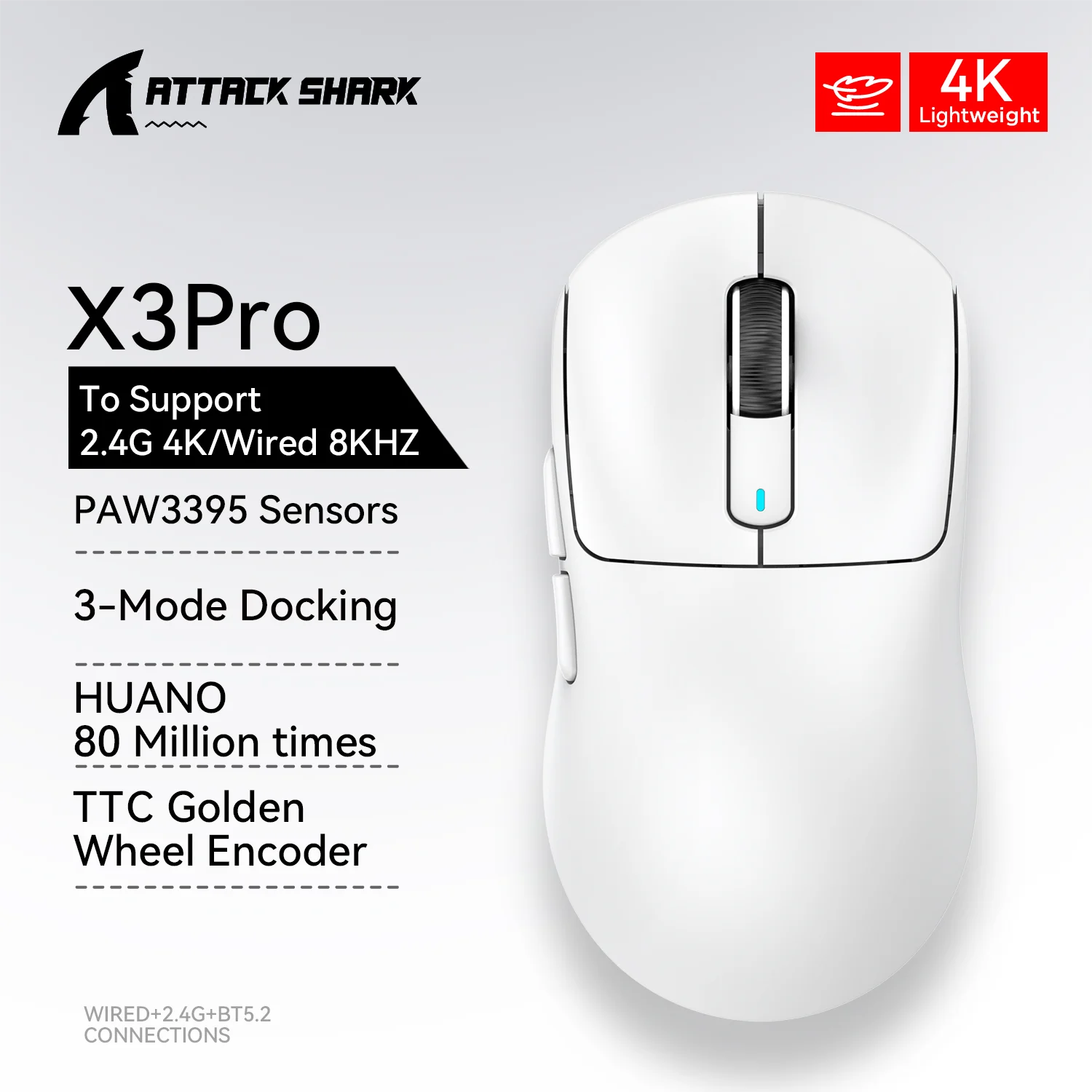 PixArt PAW3395 Bluetooth Mouse,2.4G Tri-Mode Connection, 26000dpi, 650IPS, 49g Lightweight Macro E-Sports Mouse