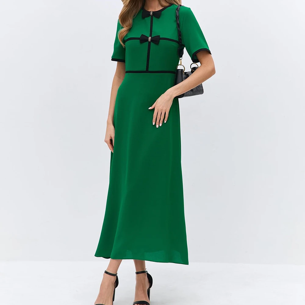 

Вечерние платья трапециевидной формы по индивидуальному заказу, длиной до пола, с круглым вырезом и короткими рукавами, платье для выпускного вечера, модный бант, простое драпированное повседневное вечернее платье