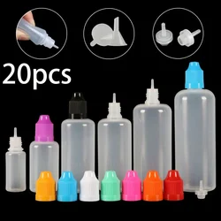 20 piezas botellas cuentagotas de 5ml-120ml, plástico LDPE, vacío, exprimible, contenedor de esencia para jugo de ojos, tapa CRC, punta cuentagotas larga + embudos