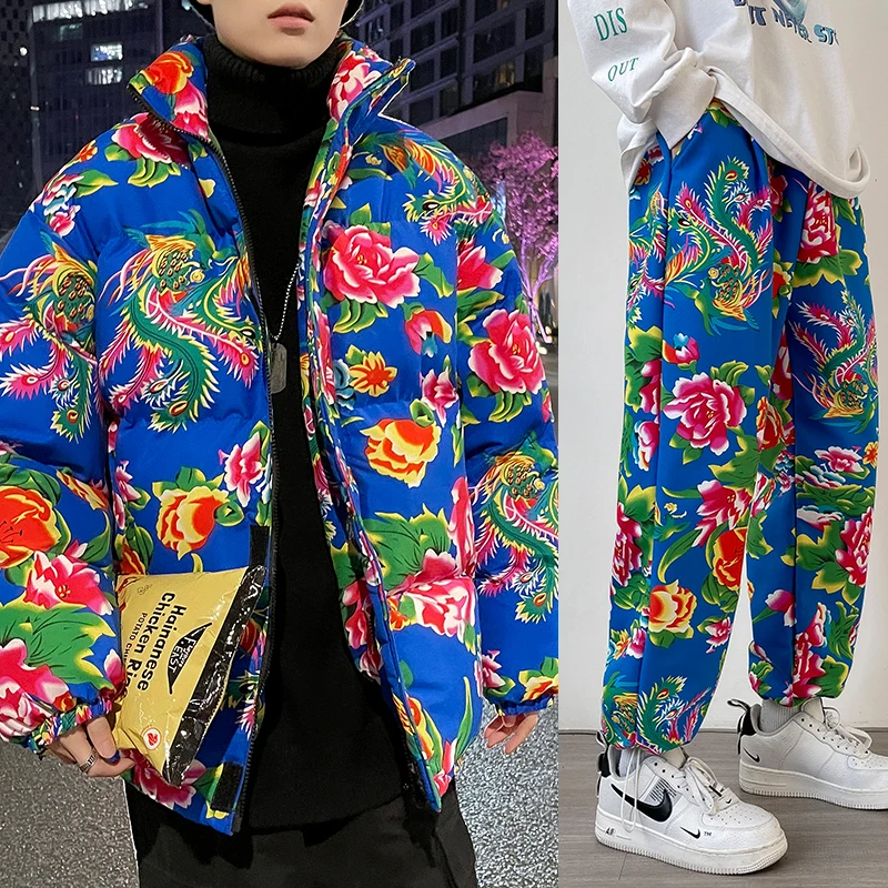 Winter Clothes For Men 2 Piece Set Puff Parka Long Pants Set Men Fashion Clothing Flower Printing Casual Outfits Chinese Style