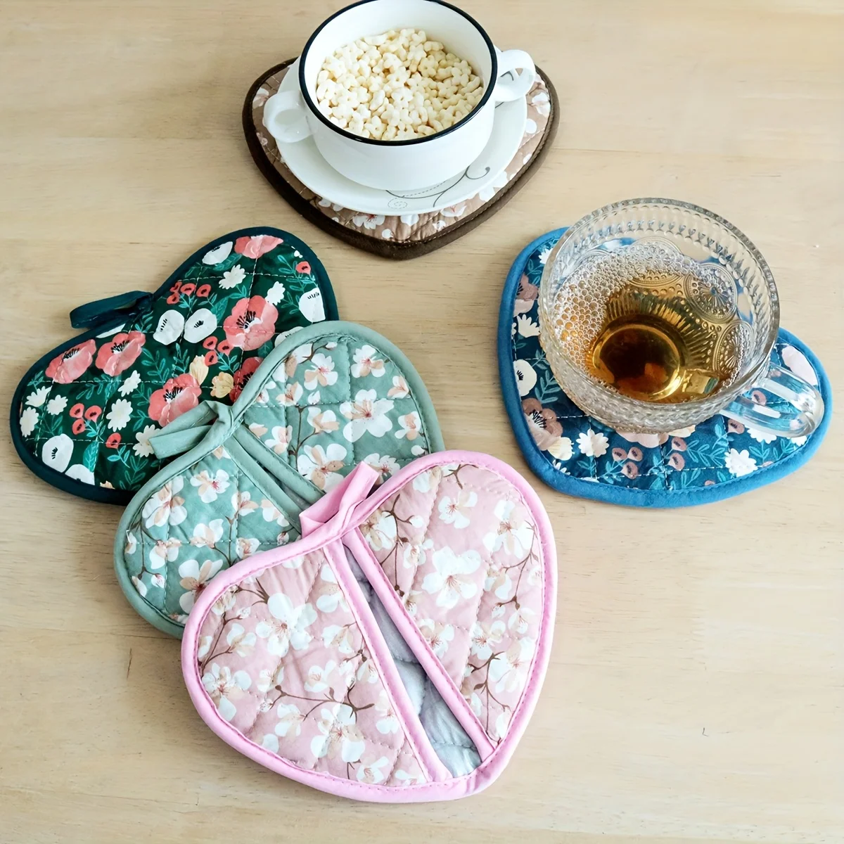 Japanese Flower Cotton Printed Baking Oven Gloves Home Kitchen Hot Resistant Heart-shaped Hand Clip Insulation Pad