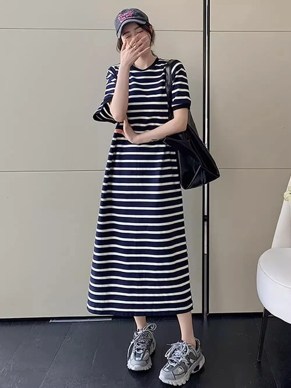 فستان نسائي كوري صيفي جديد من فيستدوس رداء Elbise فضفاض مقاس كبير من القطن بأكمام قصيرة مخطط فساتين طويلة غير رسمية لمنتصف الساق #2