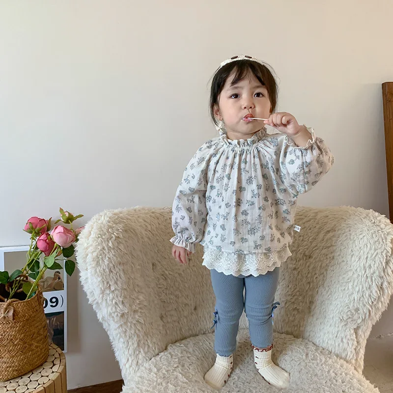 Girls Suit 2024 Autumn New Childrens Wear Korean Style Baby Girl Floral Closing Doll Shirt Bow Leggings Two-piece Set Casual