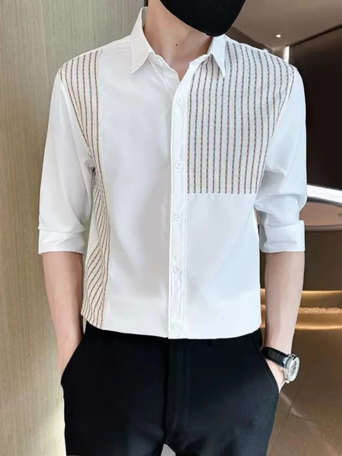 

Premium Ice Silk ort Sve irt Мужская летняя модная полосатая подставка в асимметричную Seng Stand Fit Youthful Commute Sle