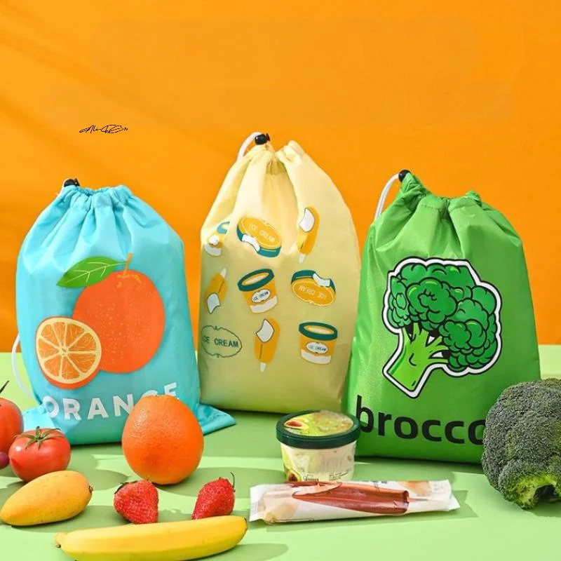 Bolsa de mantenimiento de frescos con aislamiento reutilizable con cordón, bolsa de almacenamiento antiarrugas para frutas, verduras, naranjas, brócoli, helado, 1/3 Uds.
