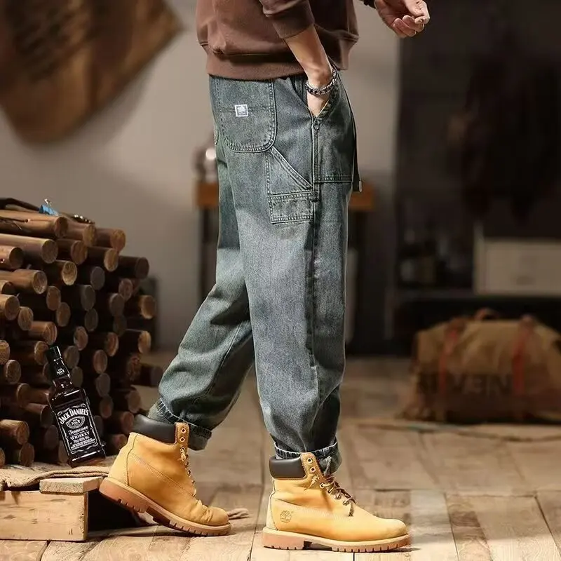 ملابس العمل الرجالية الجينز فضفاضة تناسب عادية الأمريكية الرجعية الخريف الشتاء ular ارتداء مقاومة مستقيم الساق سراويل قطنية