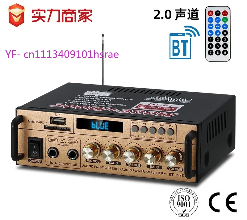 BT-198E Mini Bluetooth Amplifier, 12V DC/220V AC, USB/TF/FM Radio, HiFi Stereo Audio Power Amp for Home Car