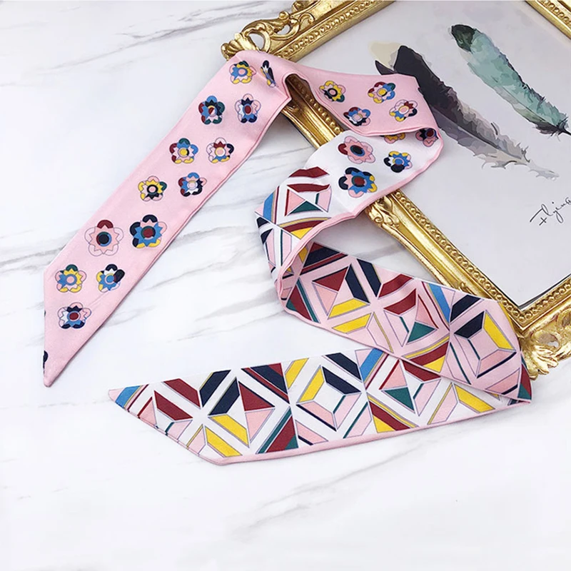 2023 Spring border New Geometric Diamond Small Flowers Women\'s Decorative Small Silk Scarf Bundle Bag Handle Ribbon Small Scarf