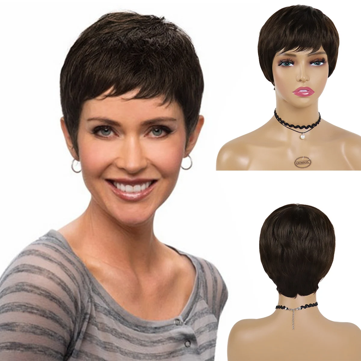 

Natural Synthetic Short Pixie Cut Wig for Women Daily Casual Hairstyle Heat Resistant Dark Brown Straight Hair Replacement Wigs