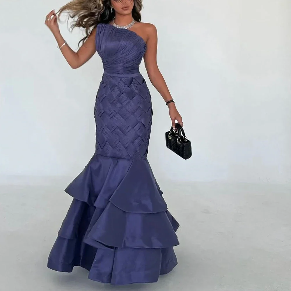 Customized Evening Dress One Shoulder Sleeveless Floor Length Mermaid Tiered Temperament Photo Color Bespoke Occasion Gowns