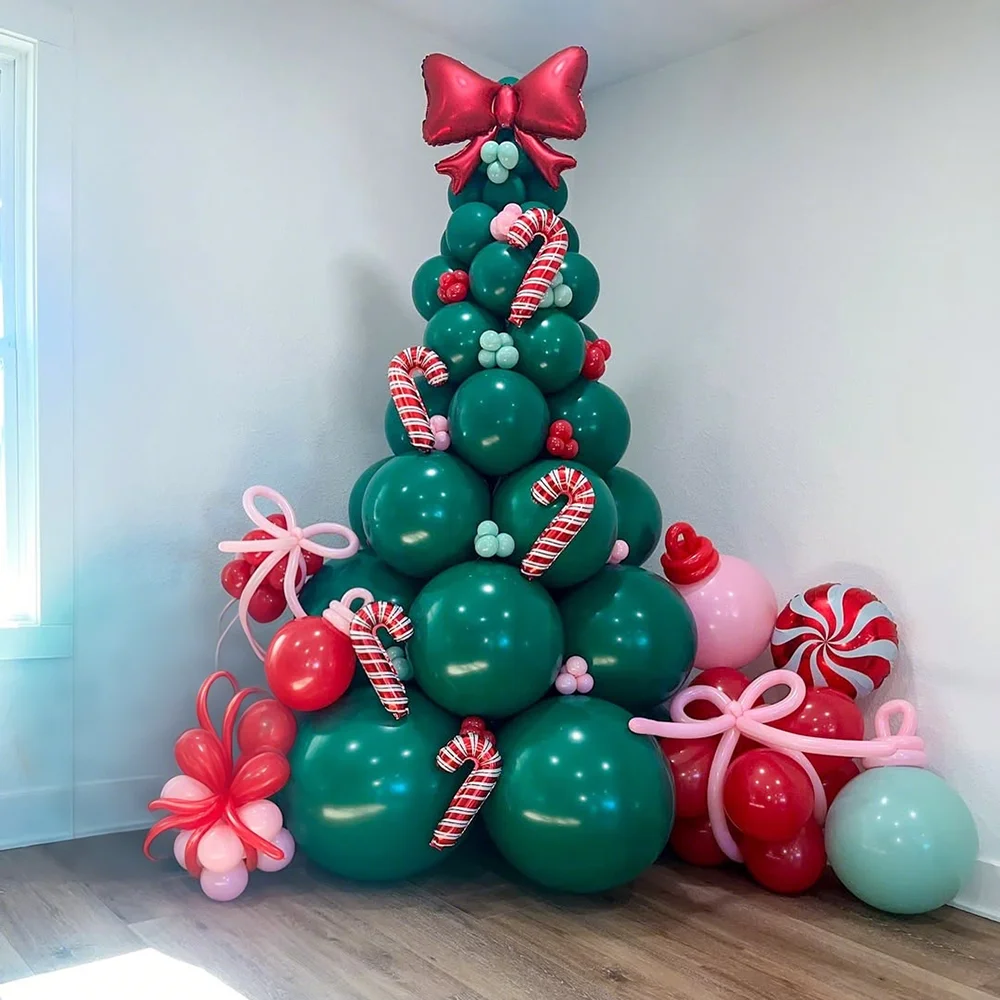 Weihnachtsballon-Set, rote Schleife, Zuckerstange, Aluminiumfolie, Ballon, rot-grüner Ballon für Weihnachten und Neujahr, Party-Dekoration