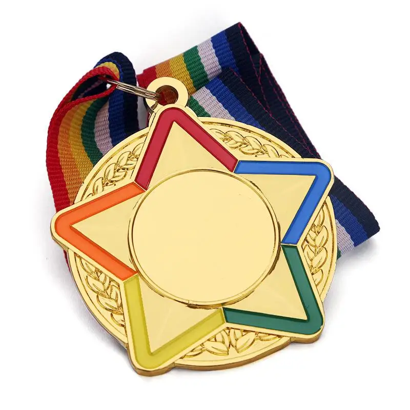 1Pcs Five Star Colour Medal With Color Ribbon Gold Silver Copper Color Medal For Various Competitions Souvenir Blank Medals