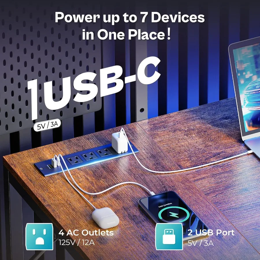 مكتب ألعاب على شكل حرف L مع أرفف طاولة كمبيوتر زاوية تتميز بمصابيح LED ومنافذ طاقة مدمجة ومنافذ USB مقاس 42 بوصة Rever