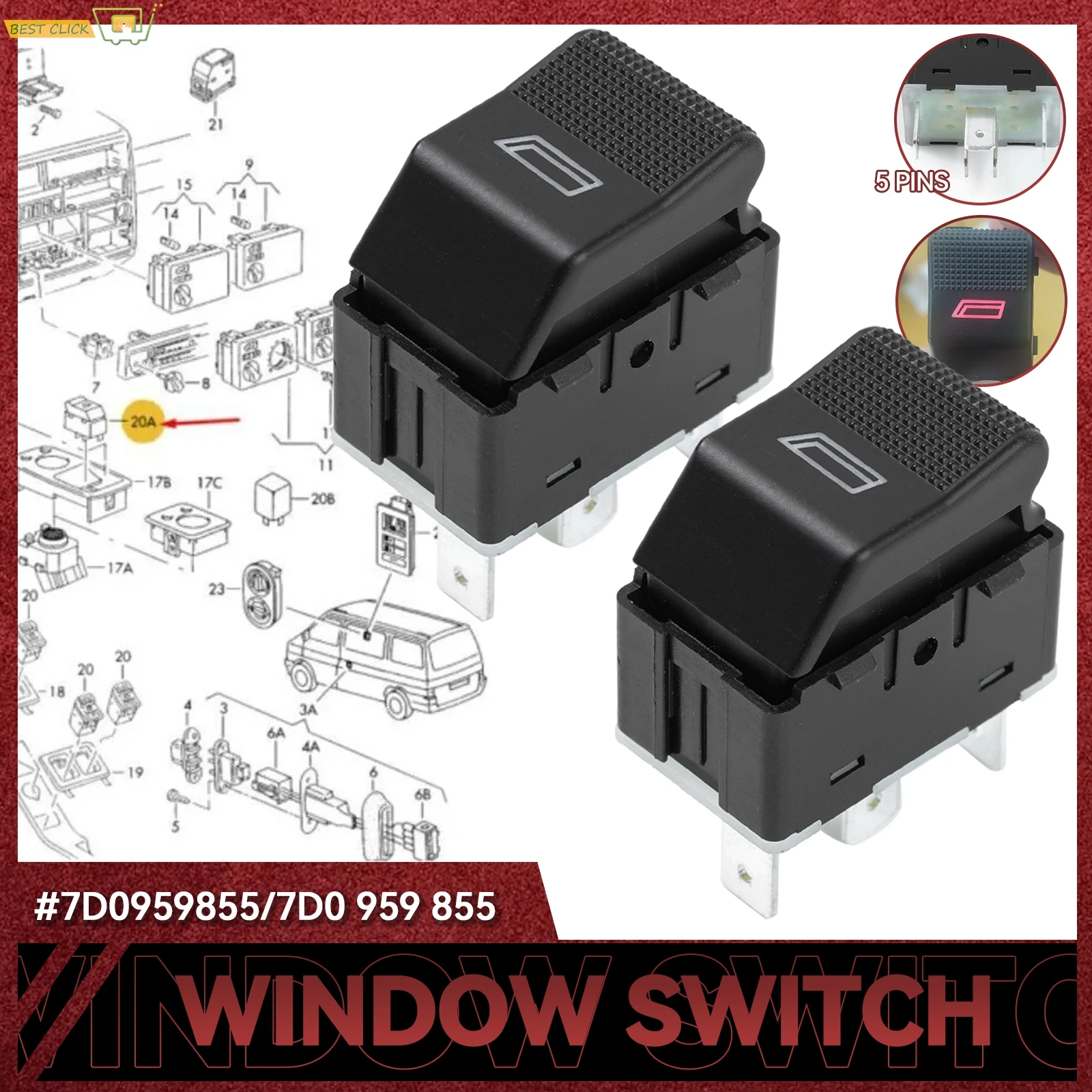 2PCS For Volkswagen VW Transporter T4 Power Window Control Switch 7D0959855 Replacement