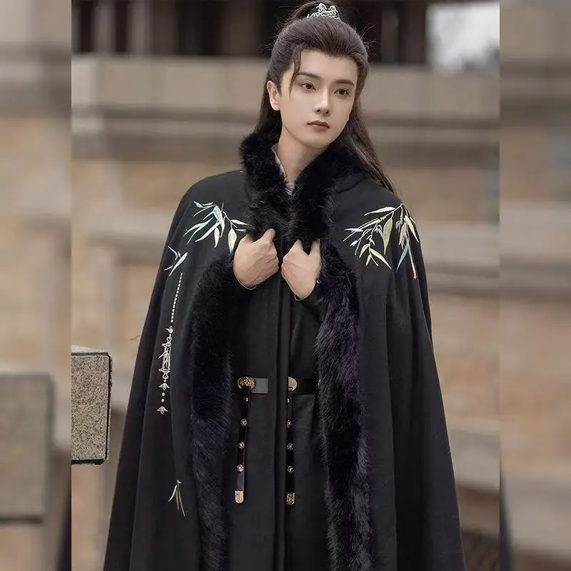 Thicken Velvet Ancient Martial Art Bamboo Embroidery Hanfu Cloak for Boys Men Carnival Cosplay Photos Wear Plush Collar - Image 6