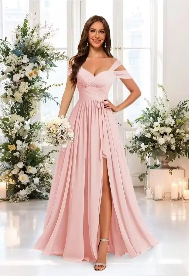 Vestido de dama de honor con hombros descubiertos y bolsillos de gasa con volantes y cuello en V, vestidos de noche formales con abertura, vestido de fiesta